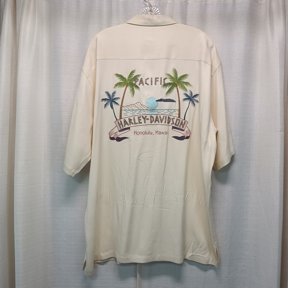 Harley-Davidson Tori Richard Honolulu Hawaii 100% Silk Camp Shirt Mens XL Cream